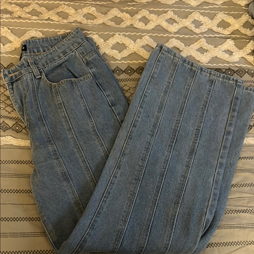 PrettyLittleThing Blue Flare Wide Leg Jeans